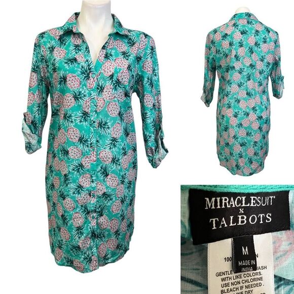 MiracleSuit x Talbots pineapple party coverup shirt Med 100% cotton beach resort - Picture 1 of 6